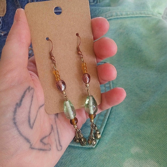 ❤ Artisan Glass Gyspy Duster 4" long Brass Bronze Earrings - Picture 4 of 4